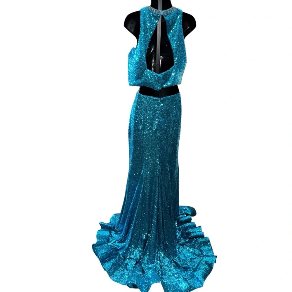 Morilee Prom Dress 12 Teal Sequin Mermaid Two Piece Formal Pageant Gown - Picture 3 of 12